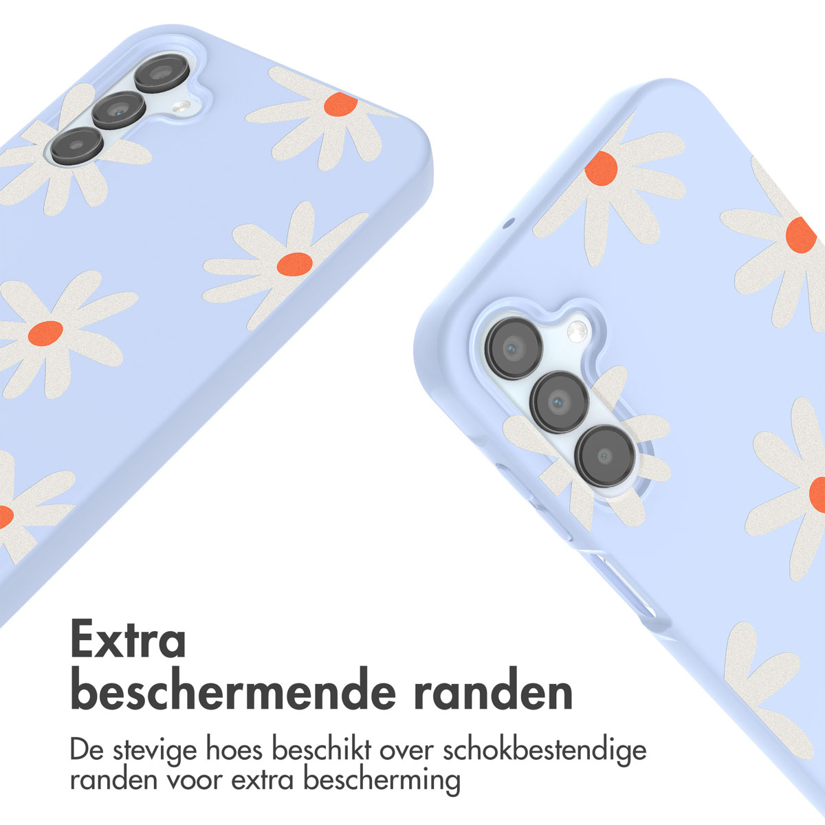 Twee lichtblauwe telefoonhoesjes met madeliefjespatroon. Focus op de beschermende randen.