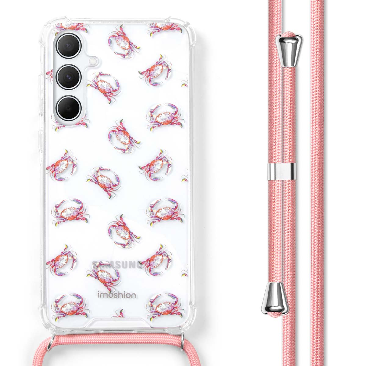 Coque transparente avec motif de crabes et cordon rose. Les crabes sont rouges et blancs.