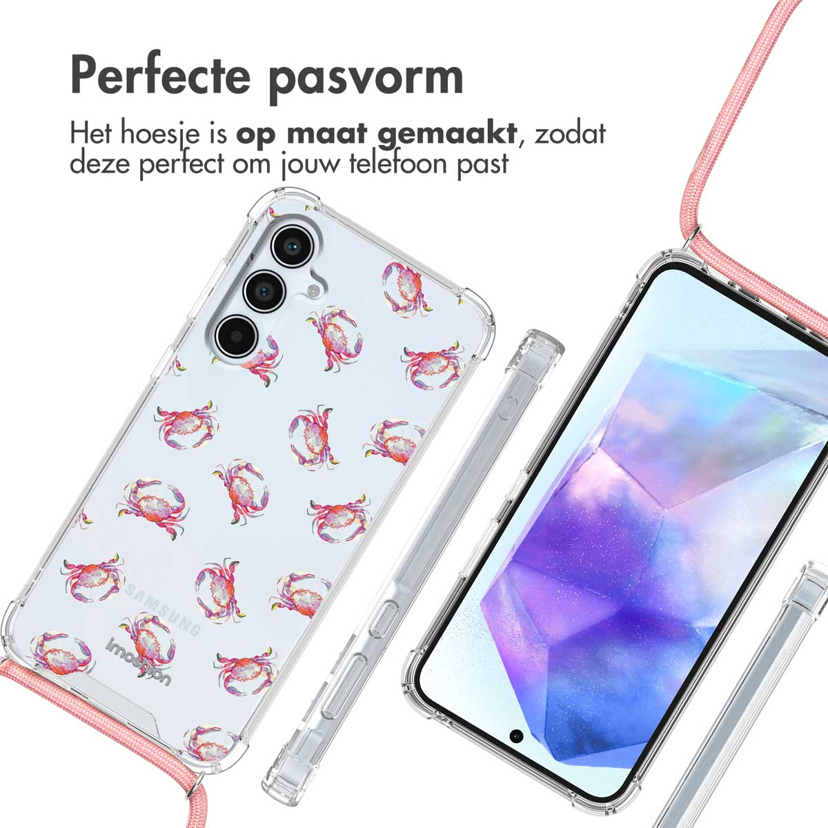 Deux coques de téléphone avec motif de crabes, cordon transparent et rose, en gros plan.
