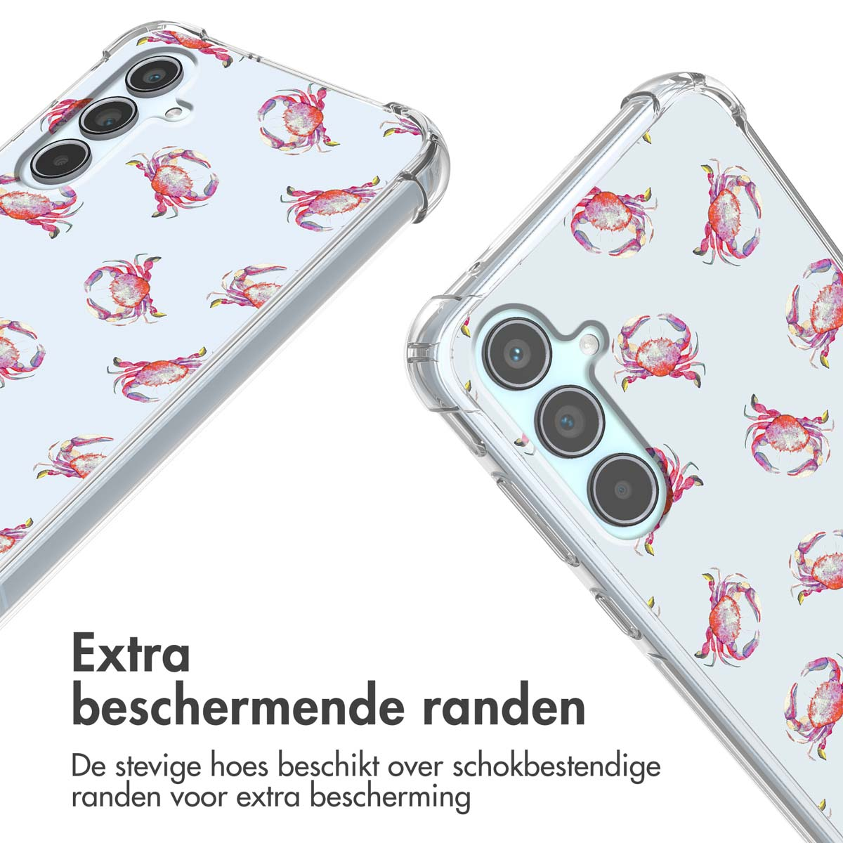 Deux coques de téléphone avec un motif de crabes. Texte : Bords de protection supplémentaires.