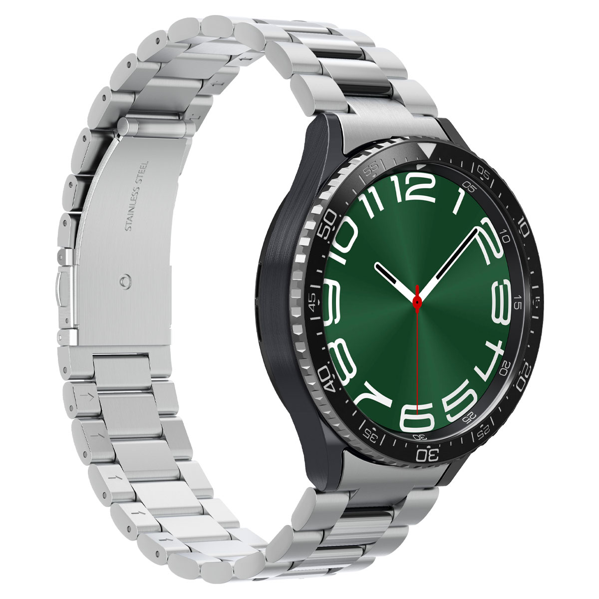 Eine Edelstahl-Uhr mit grünem Zifferblatt und schwarzer Lünette, Nahaufnahme.