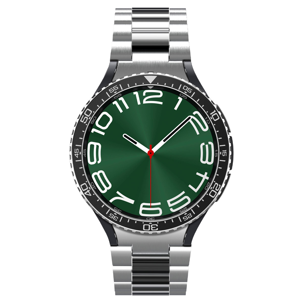 Silberne Uhr mit grünem Zifferblatt und weißen Zahlen.