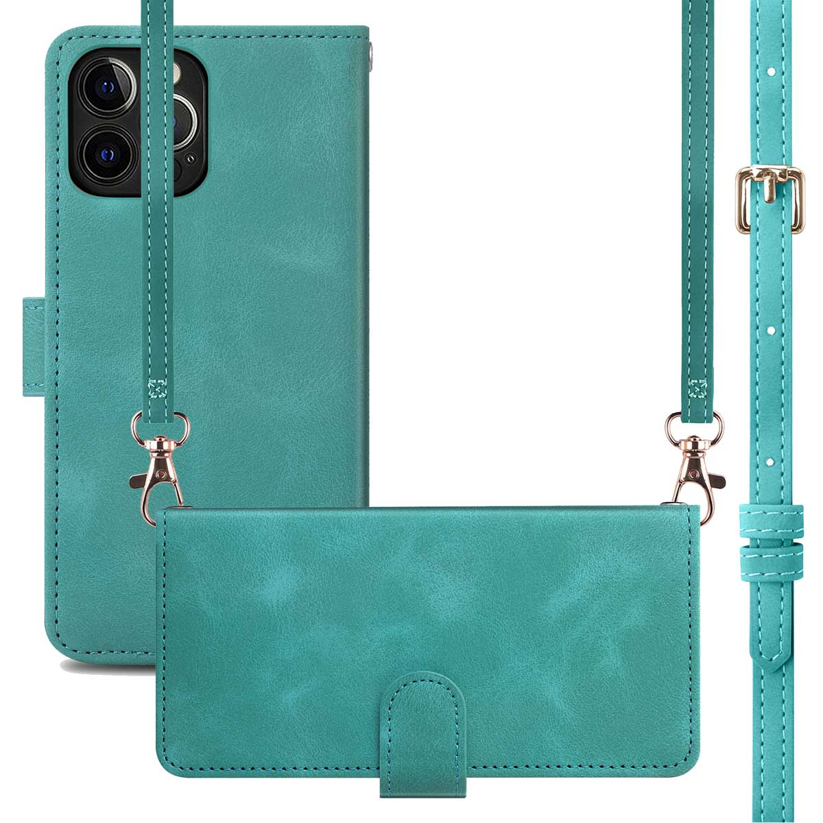 Blauwgroen telefoonhoesje met een riem. Het is een portemonnee hoesje met een riem. De riem heeft een gesp.