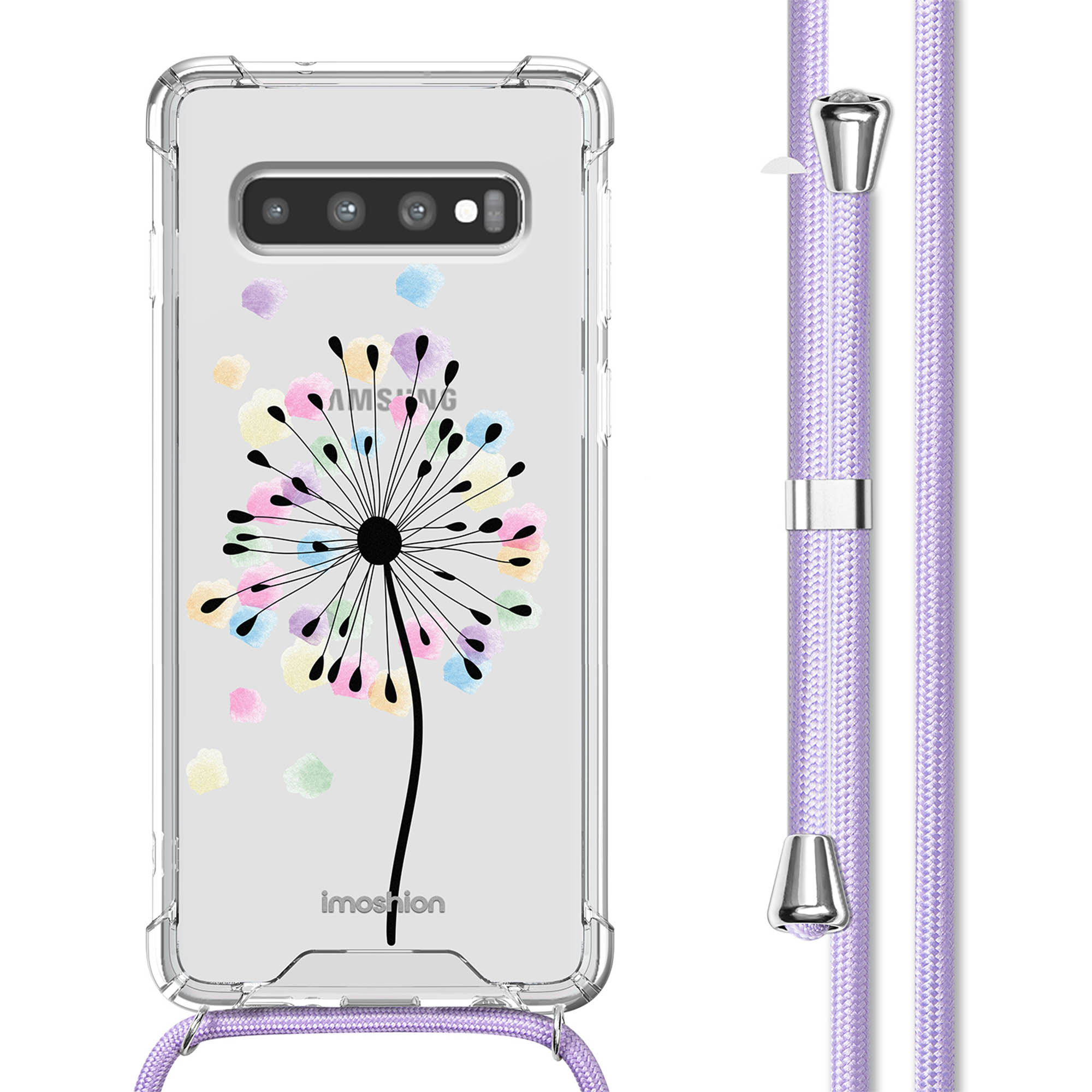 Coque de téléphone transparente avec un motif de pissenlit et un cordon violet. La coque est sur un téléphone.