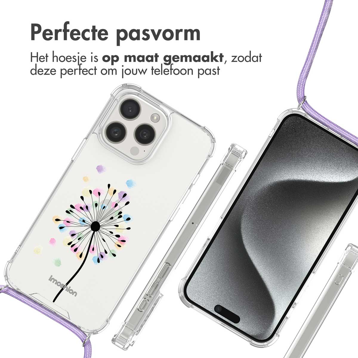 Coque de téléphone transparente avec un motif de pissenlit, un téléphone est montré. Texte : 'Perfecte pasvorm'.