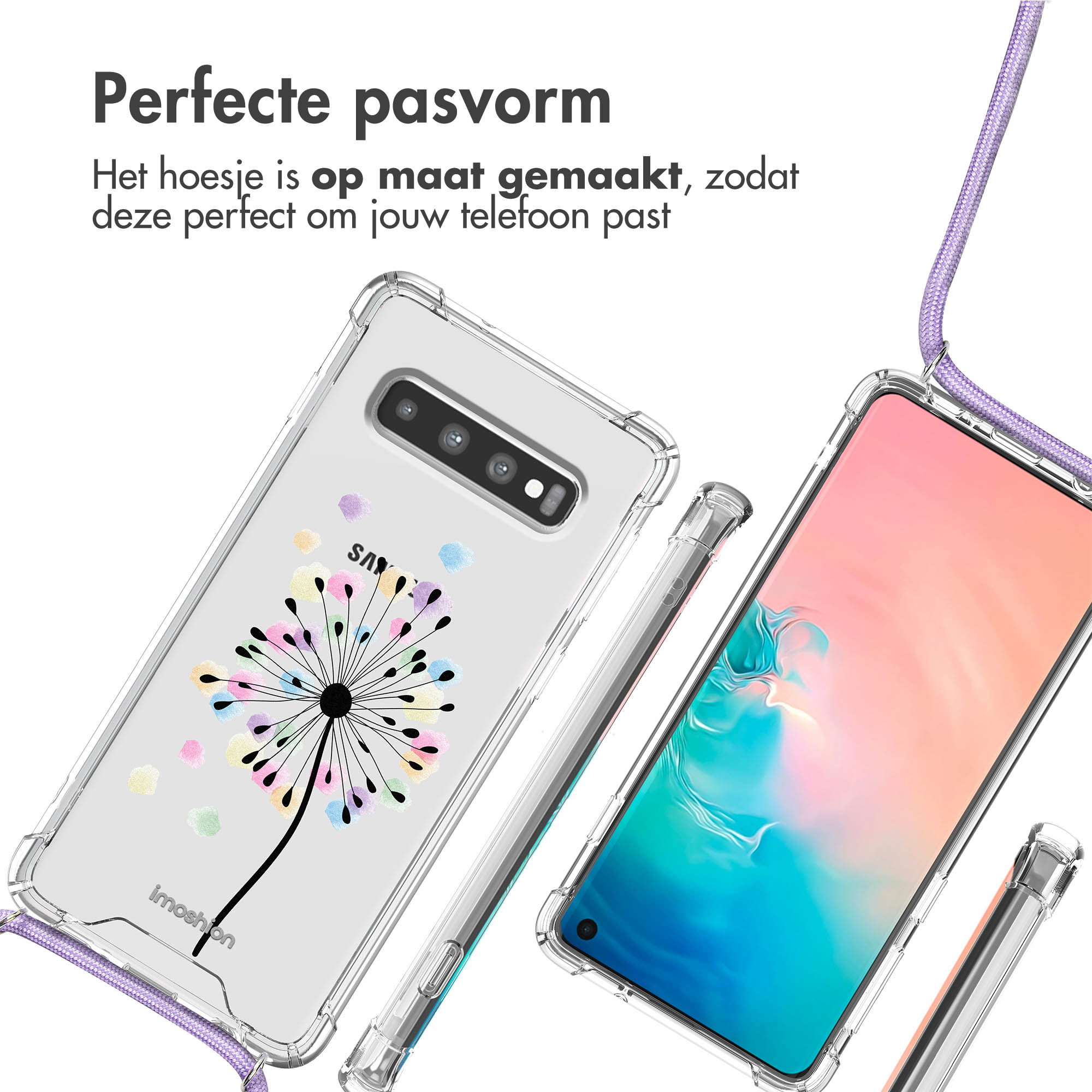 Étui de téléphone transparent avec un motif de pissenlit et un téléphone à l'intérieur. Le fond est blanc.