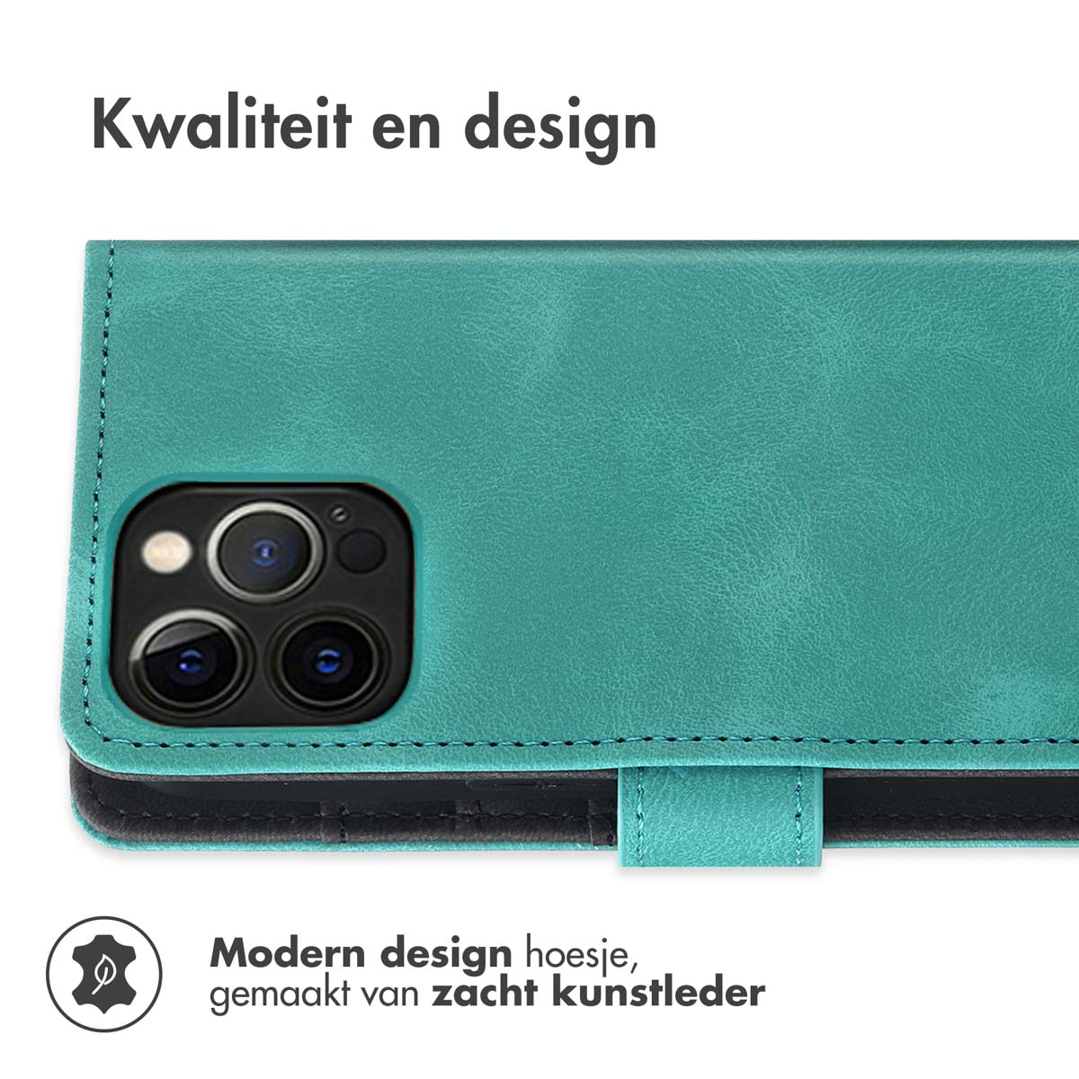 Blauwgroen telefoonhoesje. Het telefoonhoesje is gemaakt van zacht kunstleer, met een modern design.