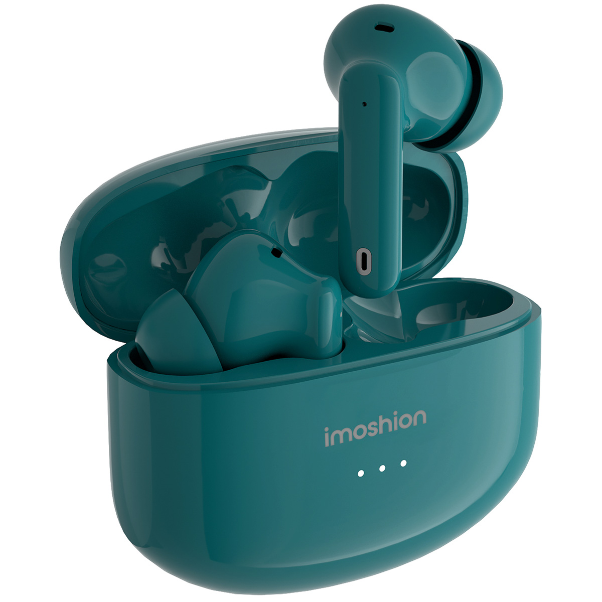 Teal earbud case with two earbuds. Text: imoshion.