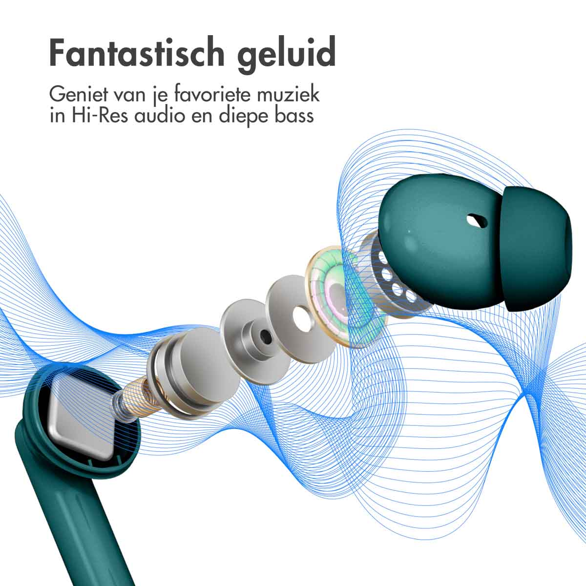 An exploded view of teal earbuds with a blue sound wave graphic. The earbuds are for a music device.