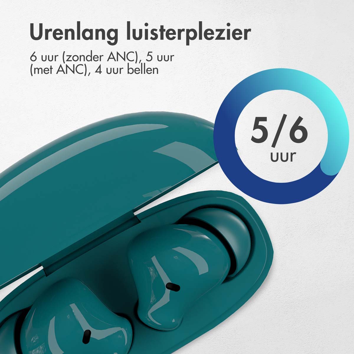 Earbuds in an open teal case. A graphic shows battery life.