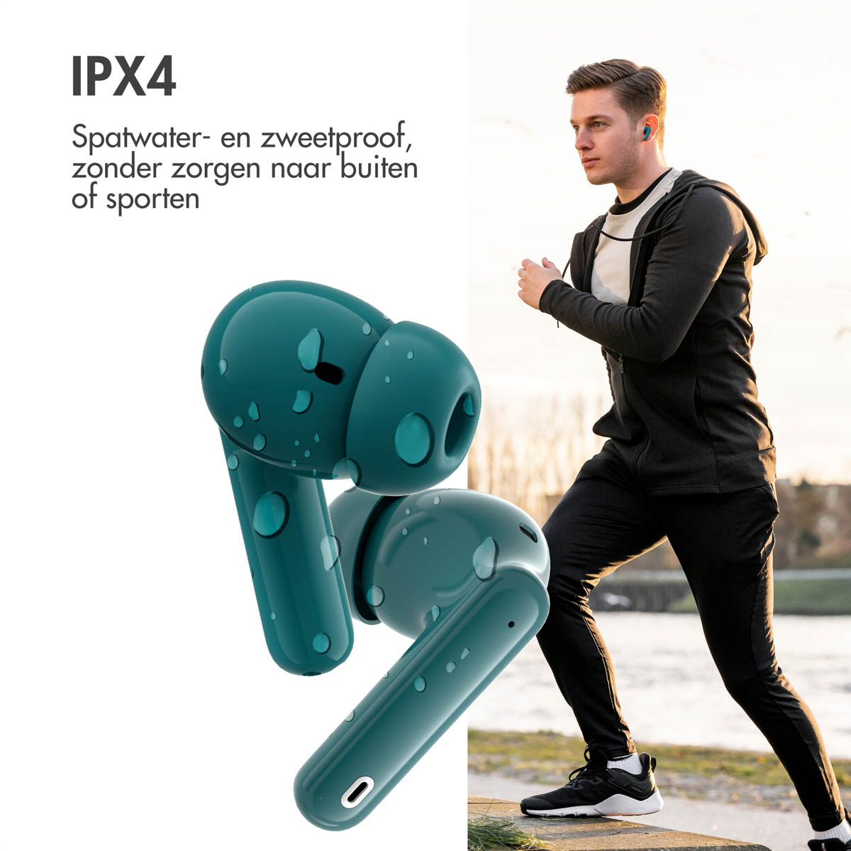 Two teal wireless earbuds and a man running. The man is wearing black clothes.