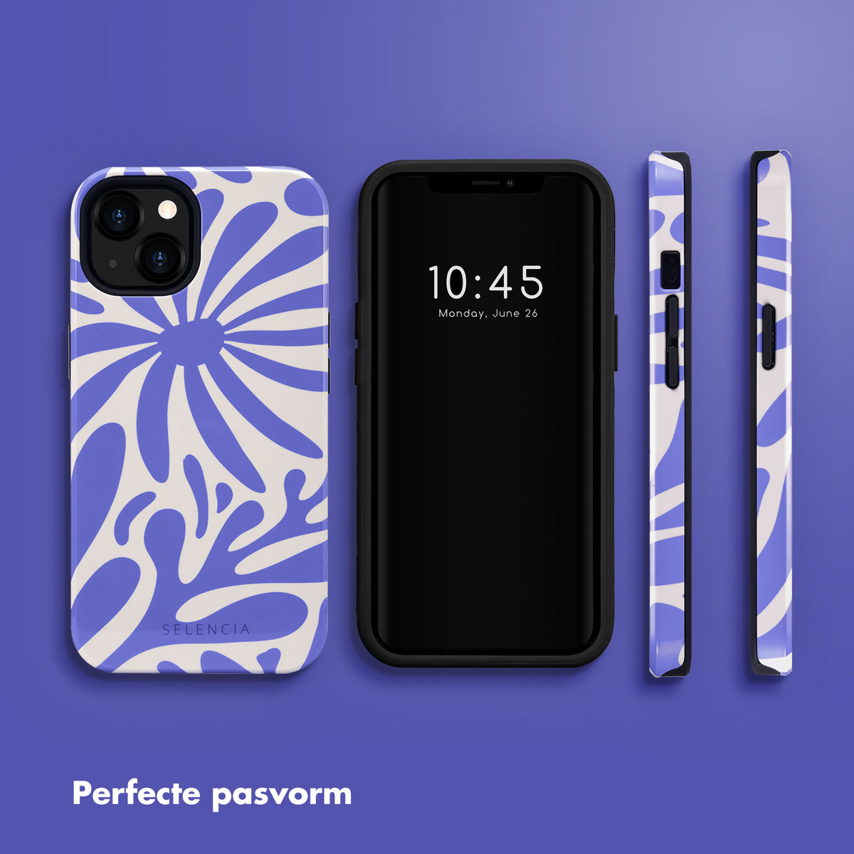 Téléphone avec étui floral, vues latérales. Écran affiche heure et date.