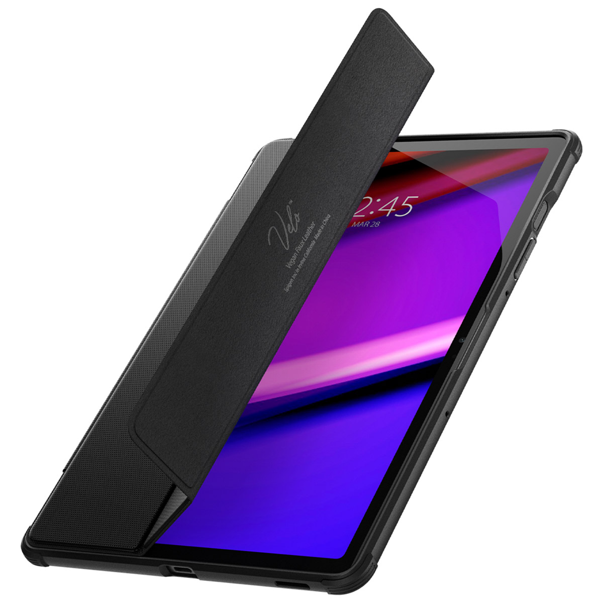 Zwarte tablethoes met een hoes. De tablet is zwart met een paars scherm. De hoes is open.