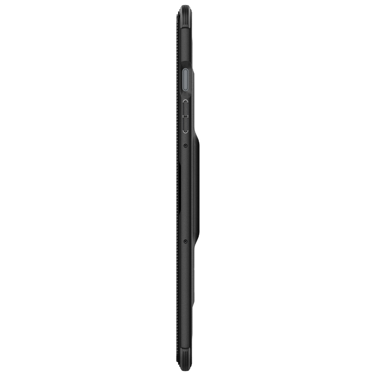 Zwart telefoonhoesje van de zijkant. Het heeft knoppen en een getextureerde grip langs de rand.
