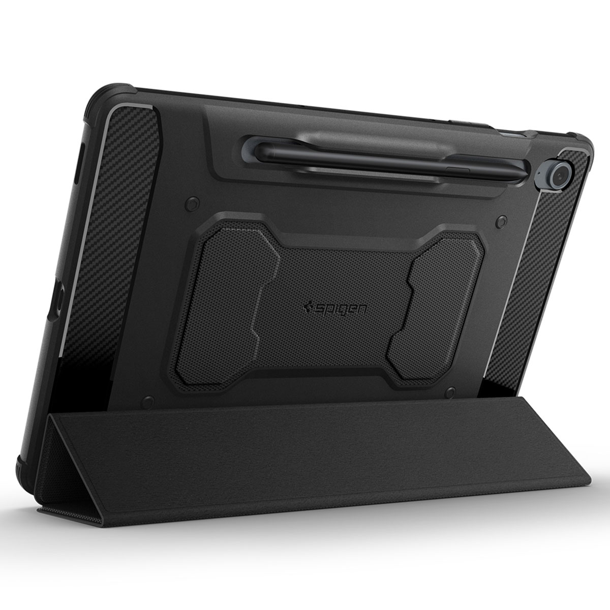 Een zwarte tablet in een hoes met een standaard en een pen aan de bovenkant.