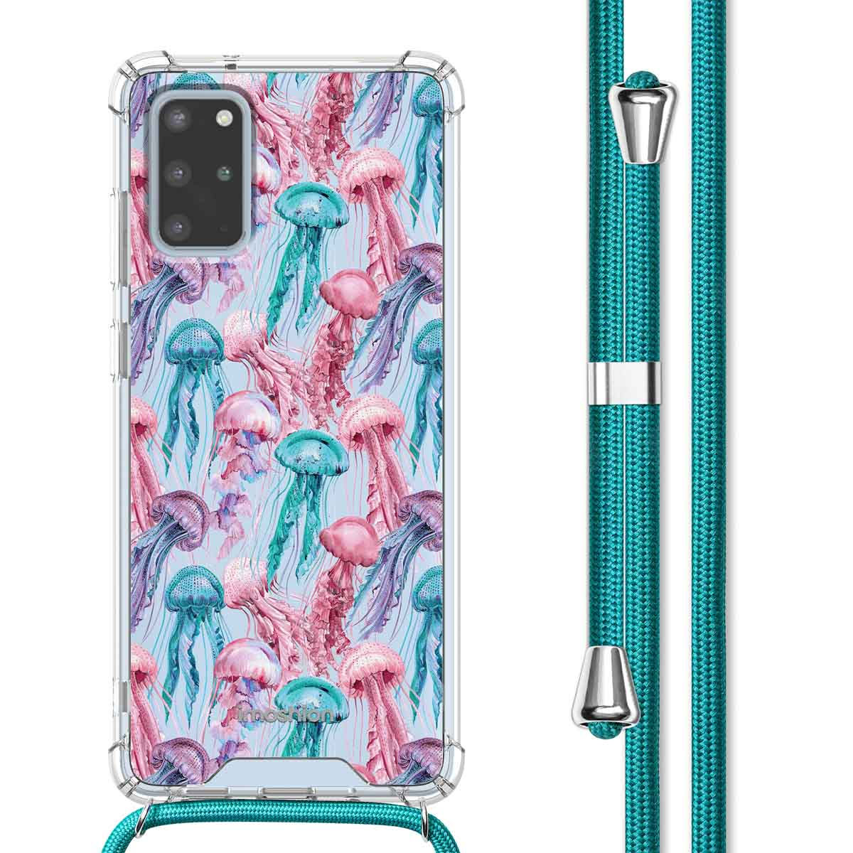 Coque de téléphone avec un motif de méduses coloré et une sangle turquoise. Le fond est blanc.