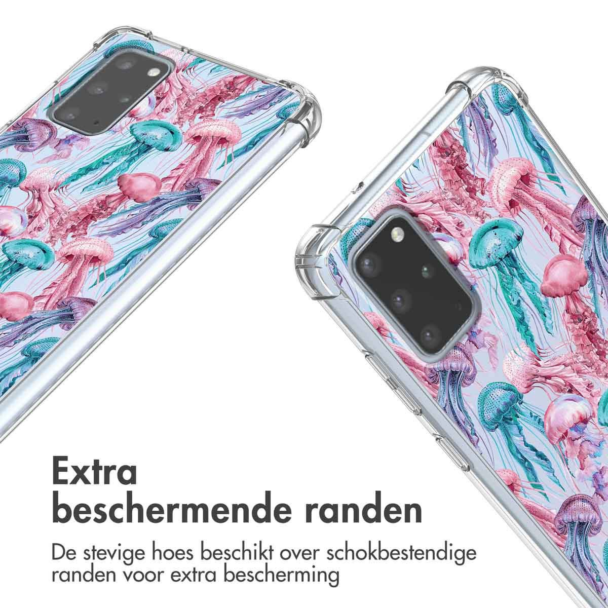 Deux coques de téléphone avec motif de méduses, gros plan sur les coins.