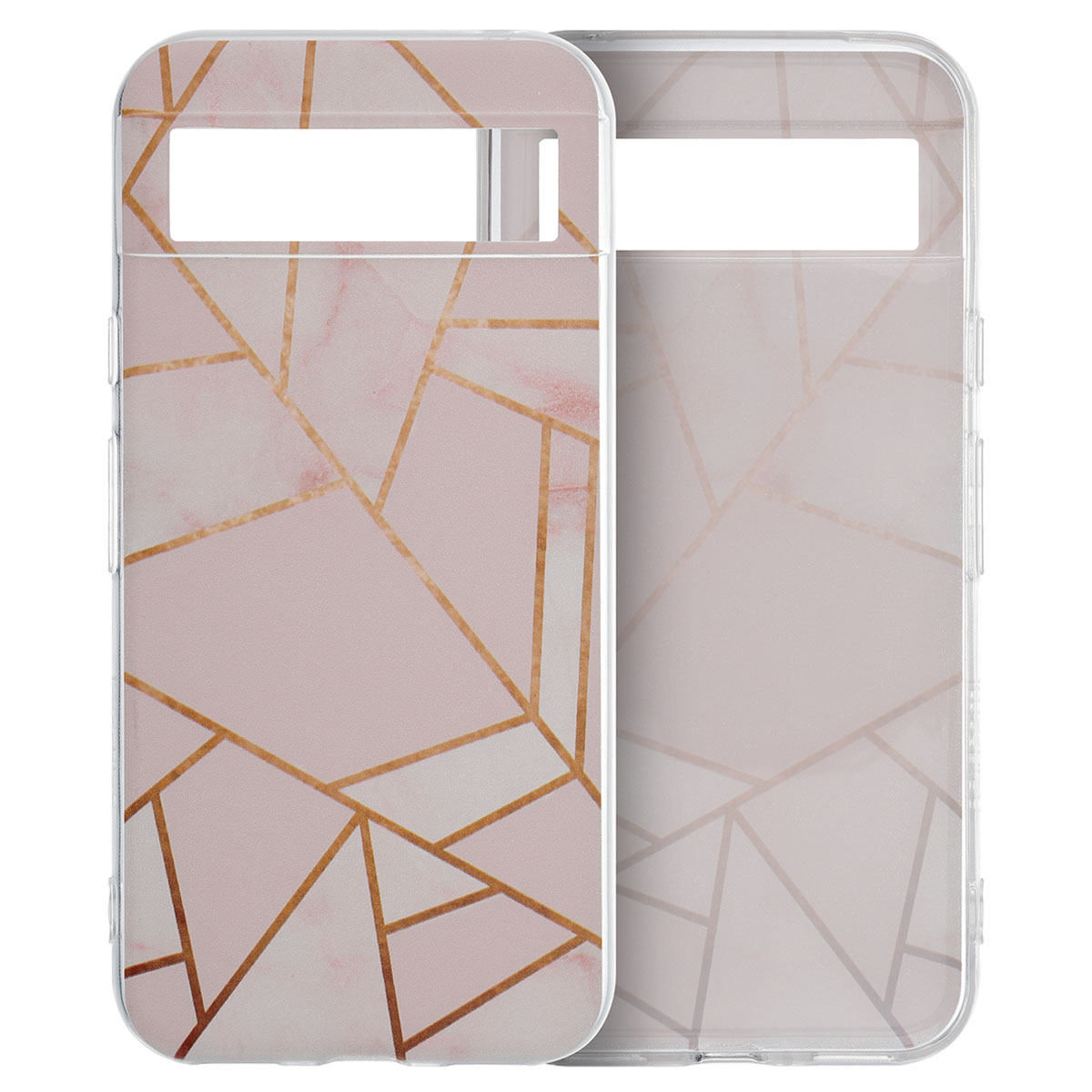 Zwei Handyhüllen, rosa Marmordesign, goldene Linien, transparente Seiten.