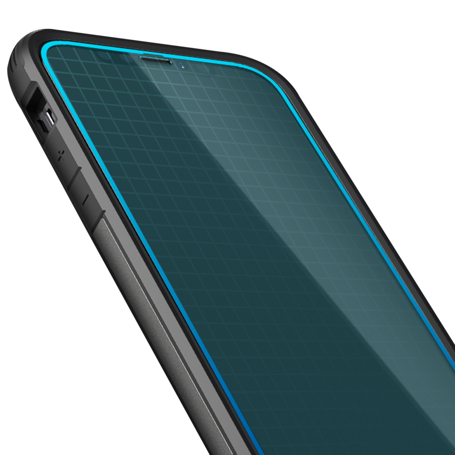 Ekran telefonu z niebieską ochronną ramką.