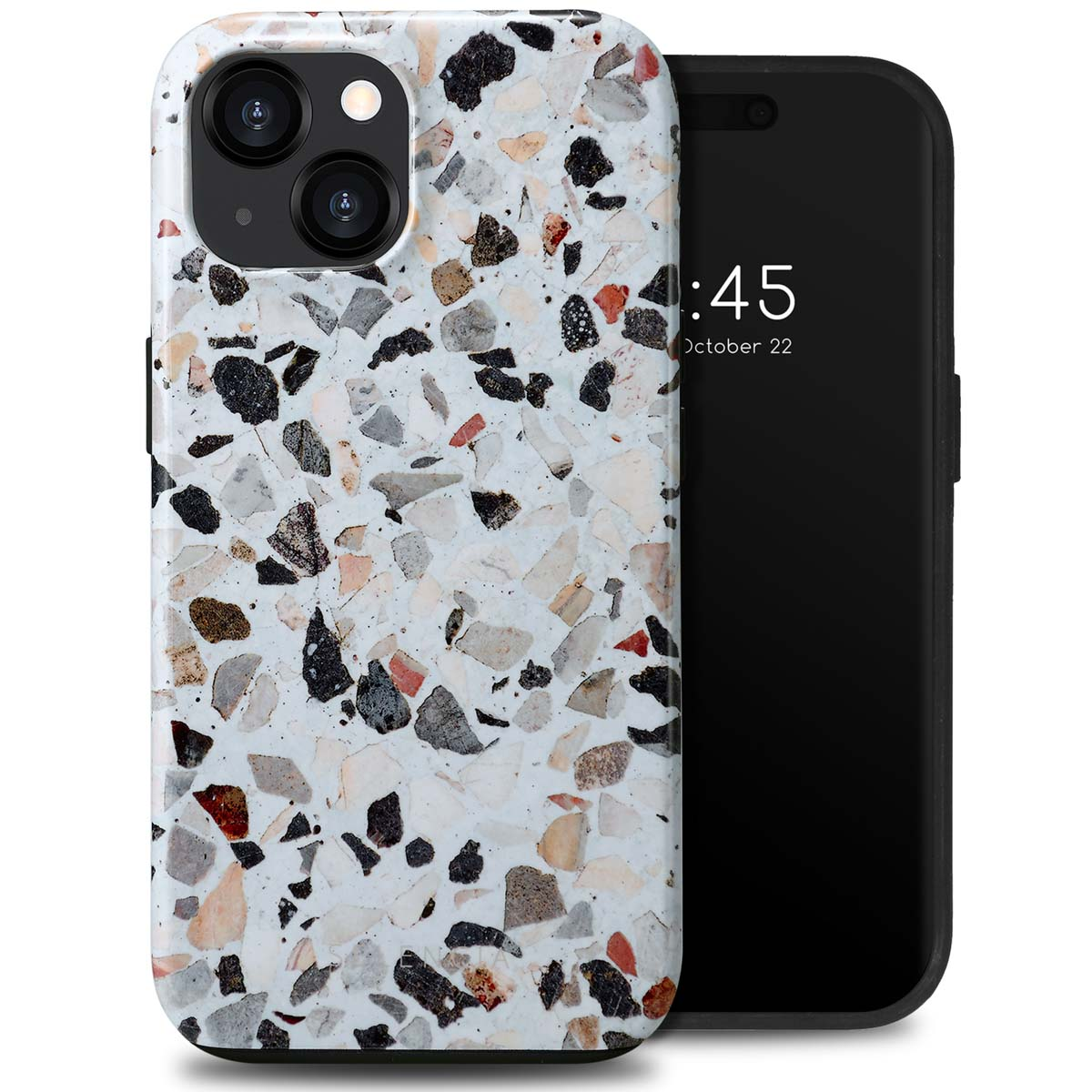 Coque de téléphone avec un motif terrazzo blanc et noir et un téléphone avec affichage de l'heure.