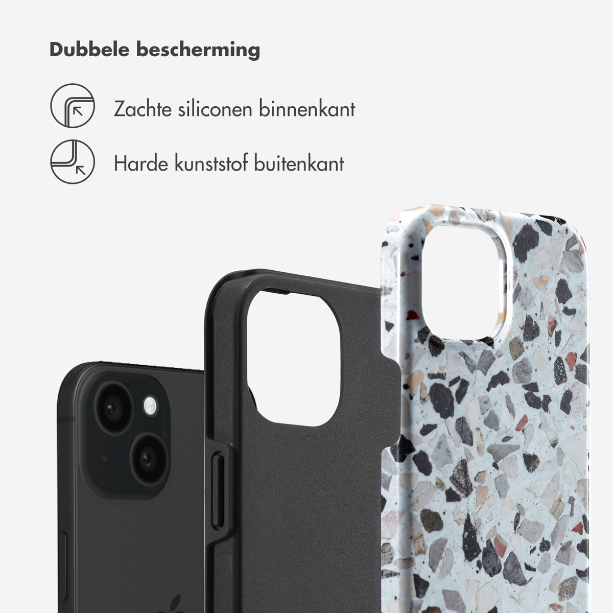 Coque de téléphone ouverte. Il y a un téléphone noir à l'intérieur. La coque est pierreuse.