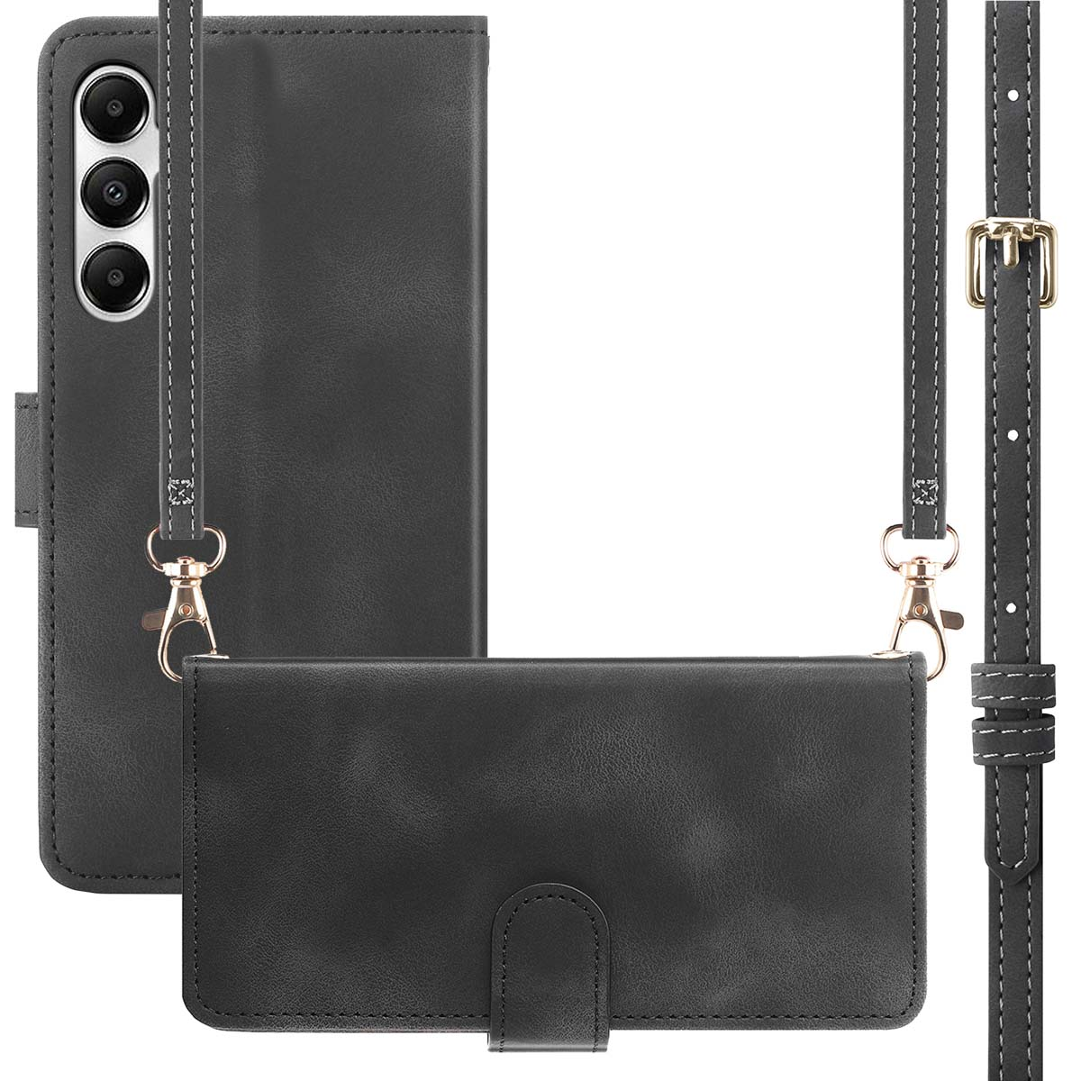 Un étui portefeuille de téléphone noir avec une sangle et une bandoulière.