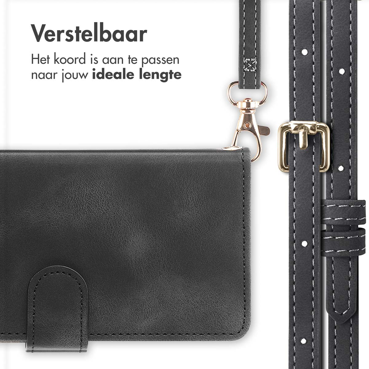 Portefeuille de téléphone noir avec une sangle et une quincaillerie dorée. Texte : Réglable.