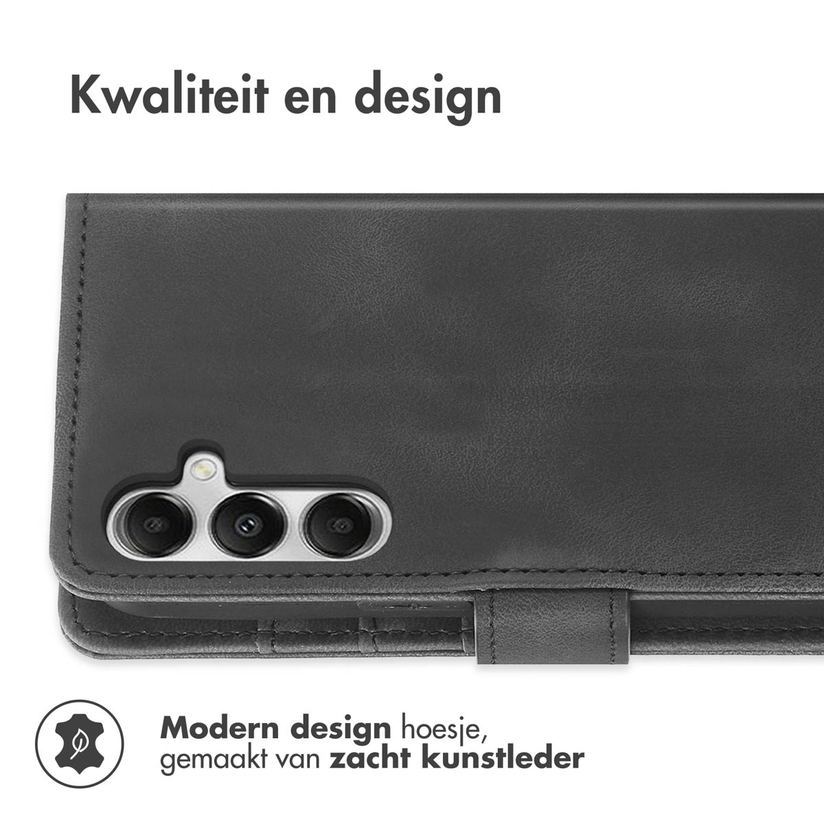 Coque de téléphone noire avec une texture semblable au cuir. Elle est fermée.