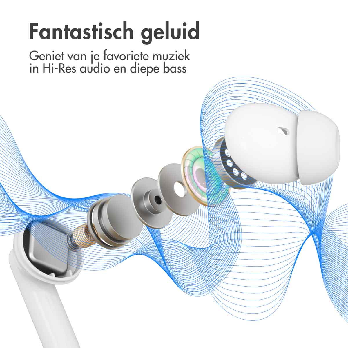 Earbud components in a diagram. The earbuds are white.
