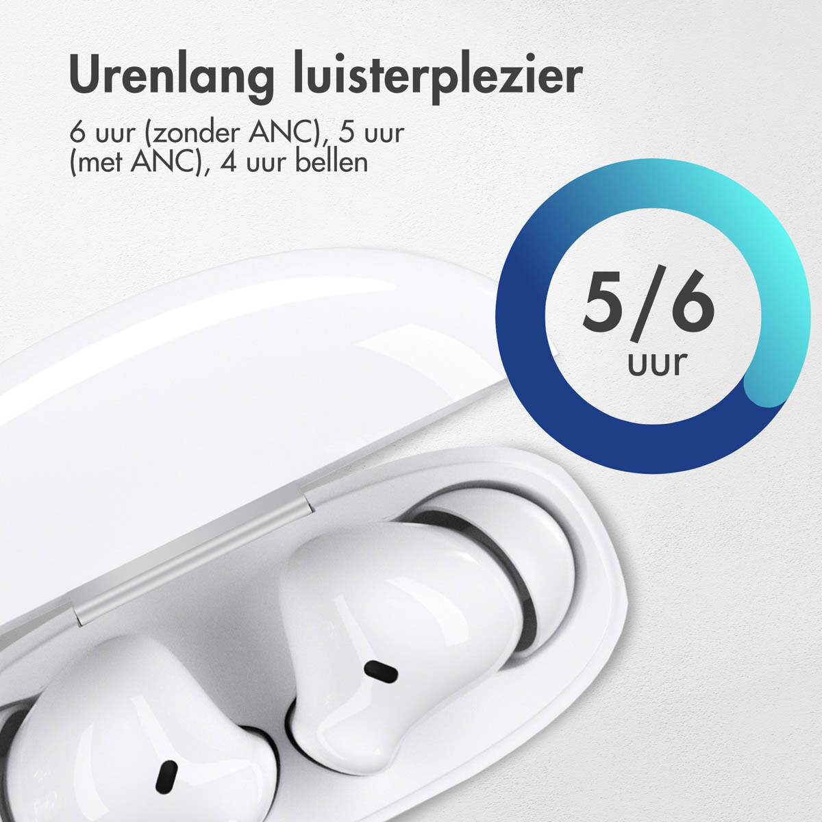 White earbuds with a charging case. Text states 5/6 hours of use. Blue circle graphic.