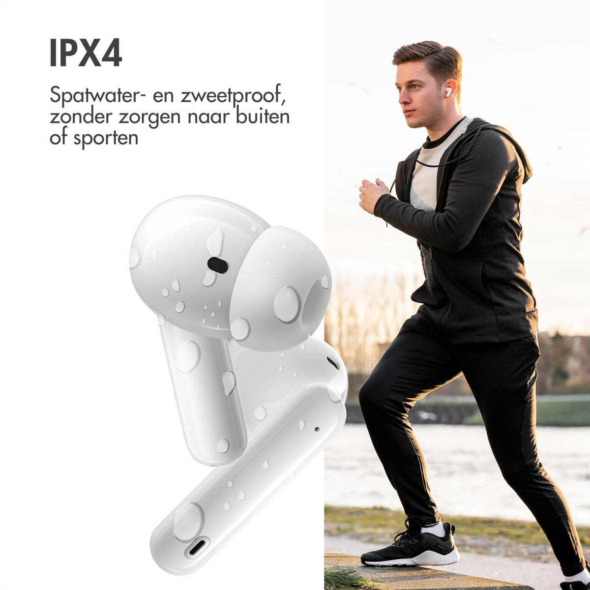 Man running with white earbuds; water droplets visible.