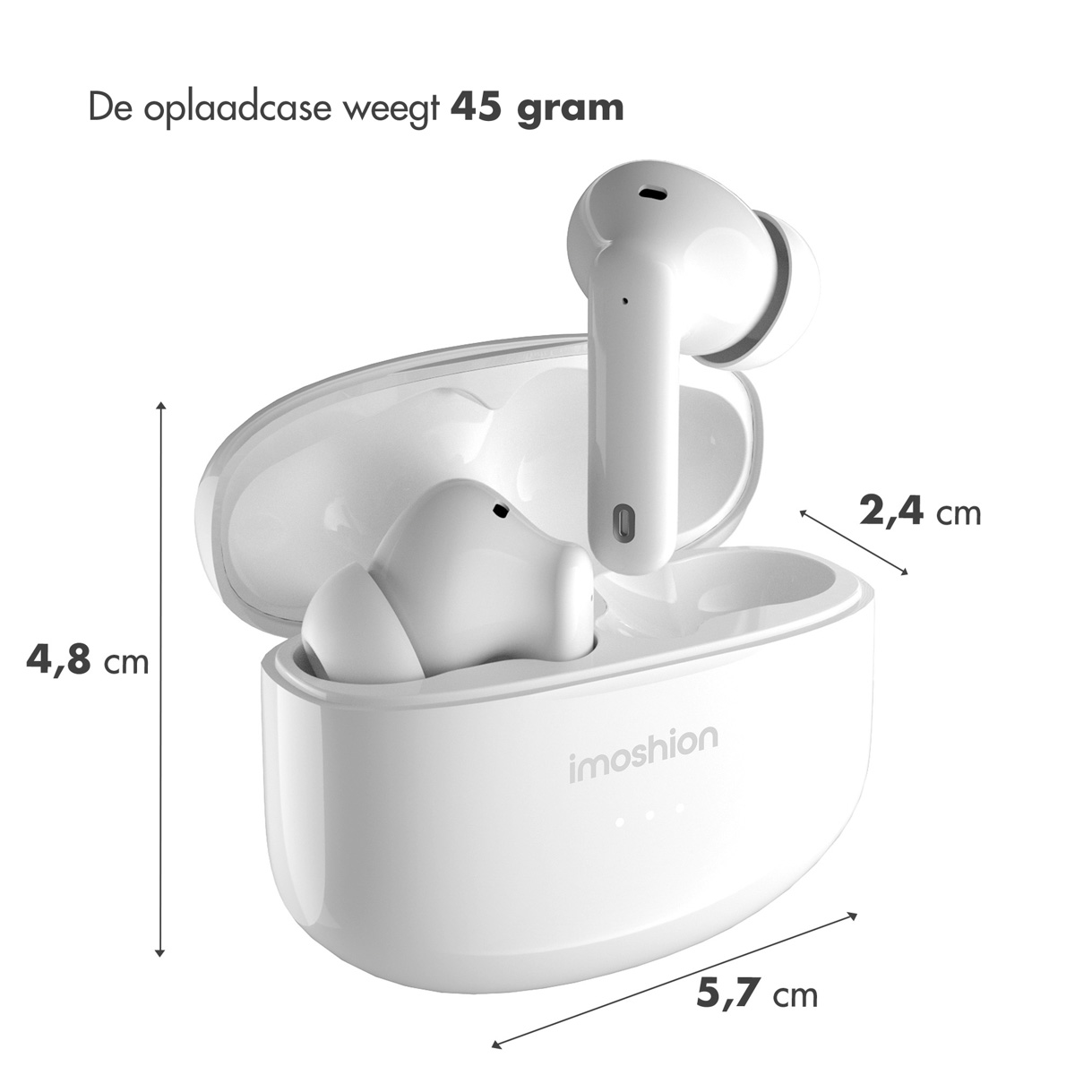 White earbuds in a charging case, showing dimensions: 4.8cm, 5.7cm, and 2.4cm.