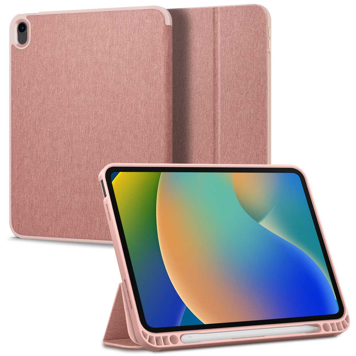 Pink tablet case with tablet in it.
