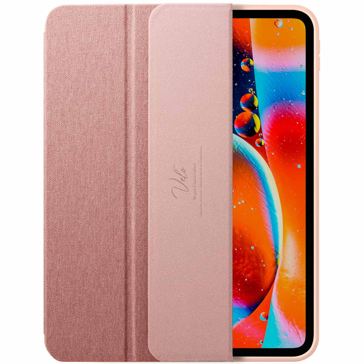 A pink tablet case in open position. The case is made of fabric, with a solid color and a logo.