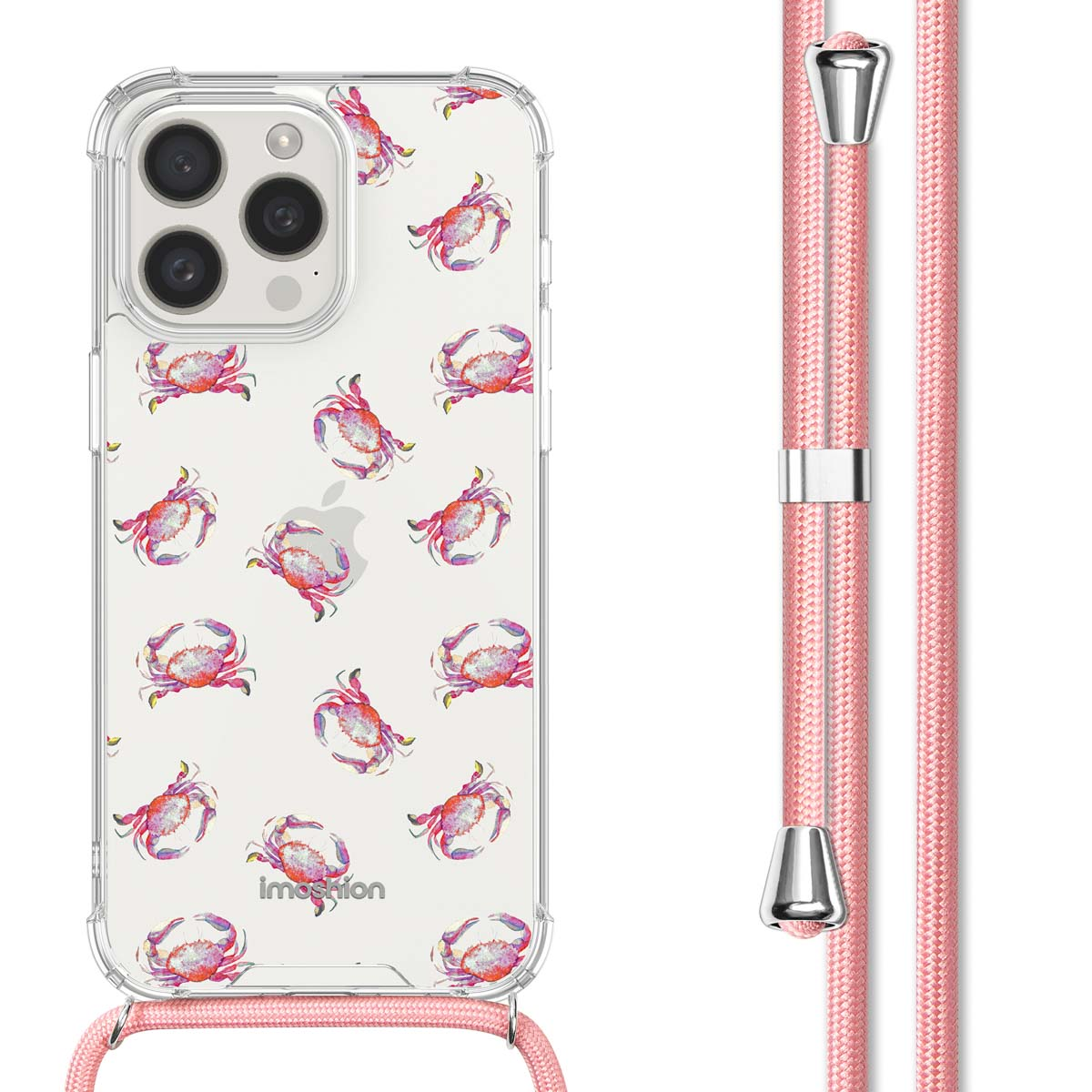 Coque de téléphone transparente avec motif de crabes et un cordon rose.