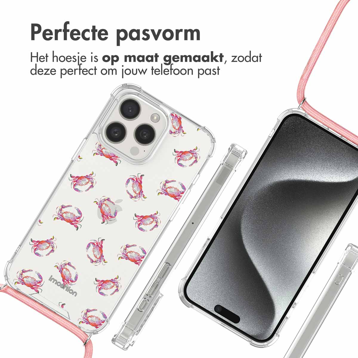 Transparante telefoonhoes met krabbenontwerp en roze koord.