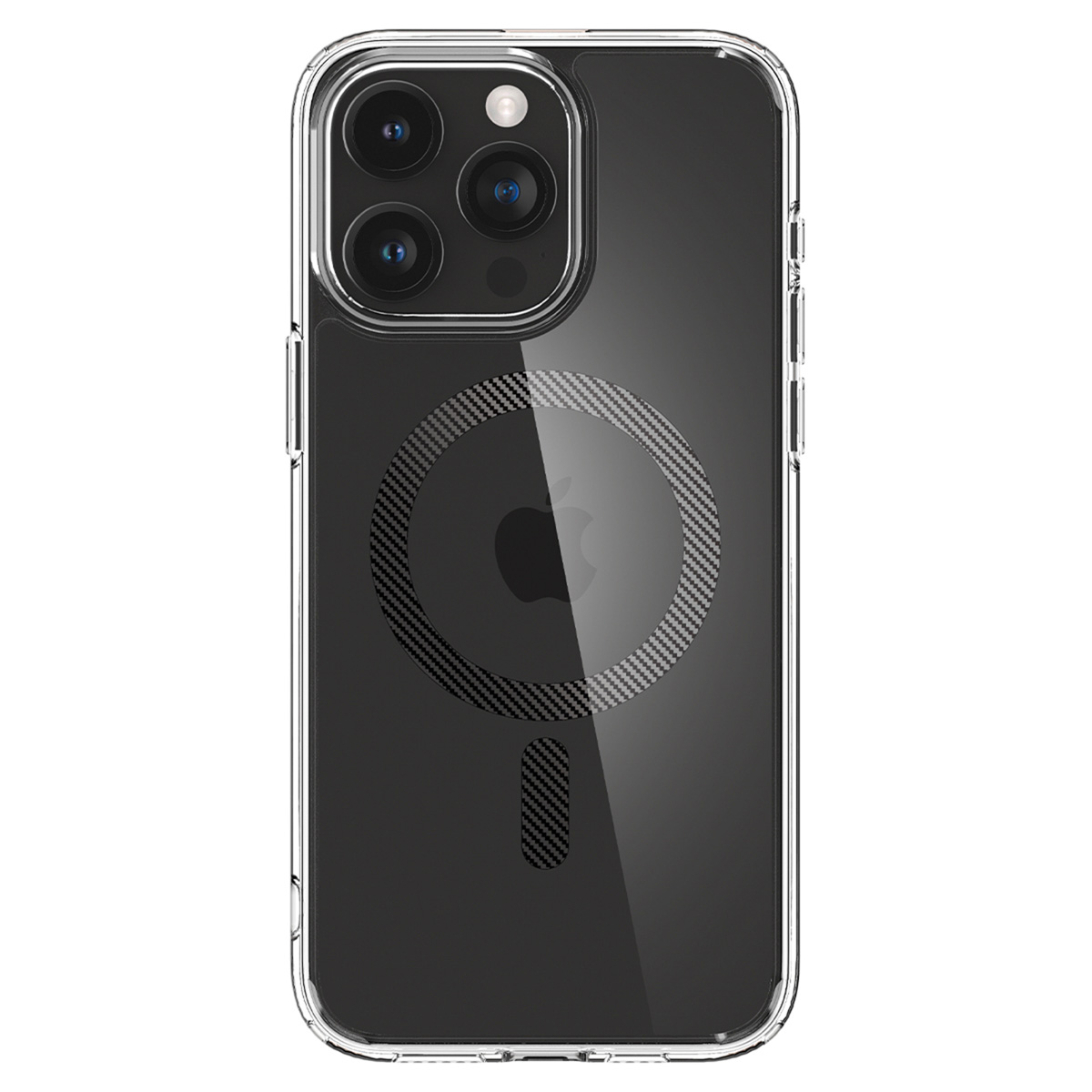 Transparante telefoonhoes met camera. Zwarte koolstofvezel cirkel. Telefooncamera zichtbaar.