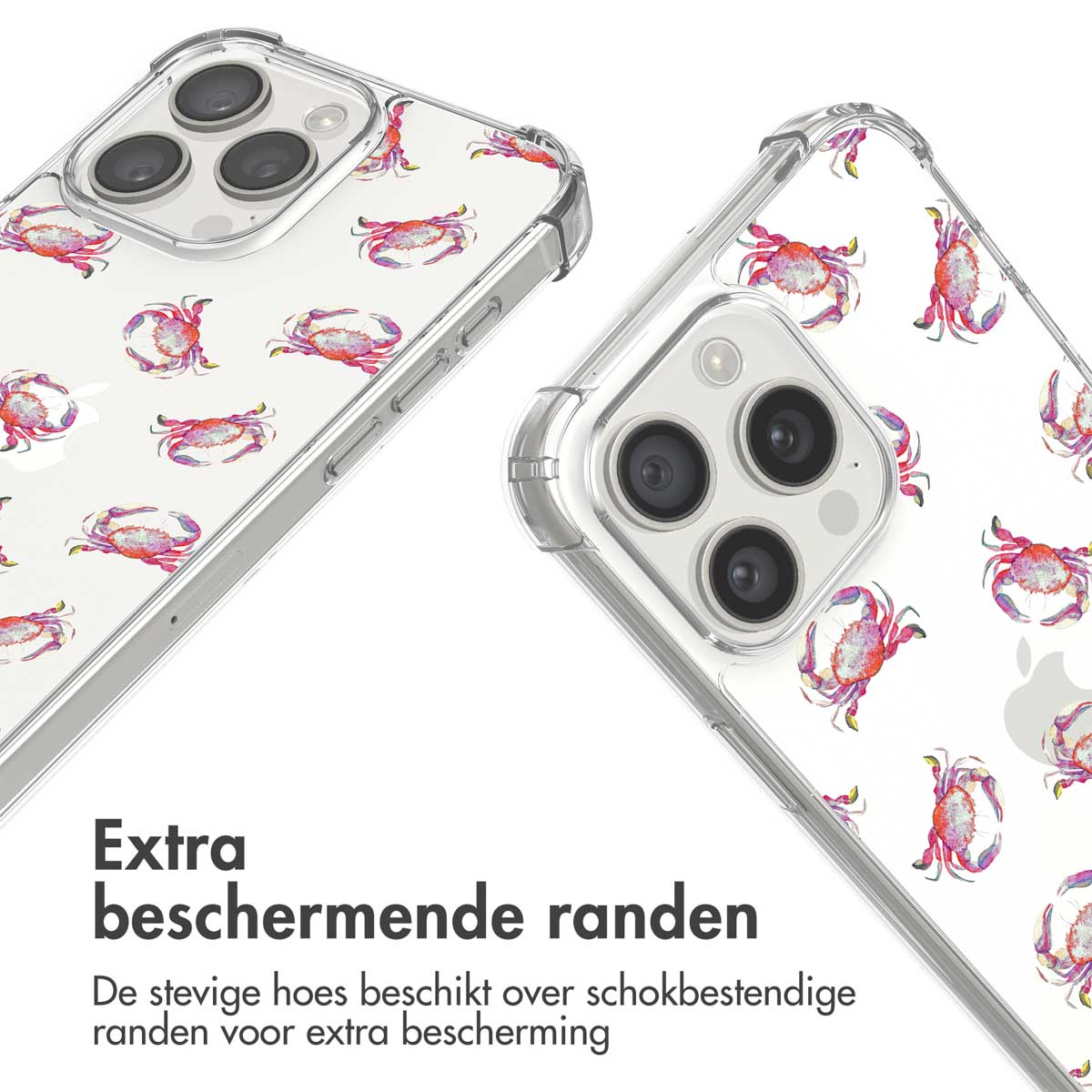 Transparante telefoonhoesjes met een krabpatroon. De hoesjes hebben beschermende randen. Krabben zijn rood en wit.