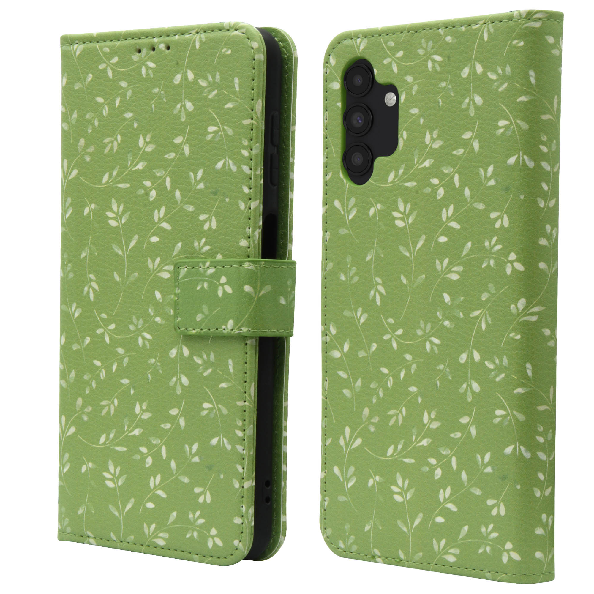 Étui de téléphone vert avec motif de feuilles blanches. Vues fermées et ouvertes.