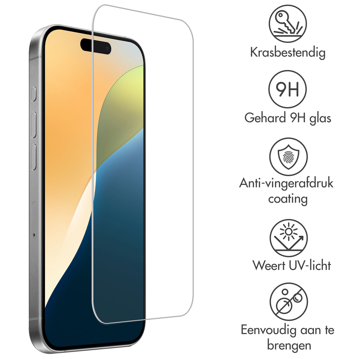 Protecteur d'écran et téléphone. Le protecteur est transparent, le téléphone argenté. Design moderne.