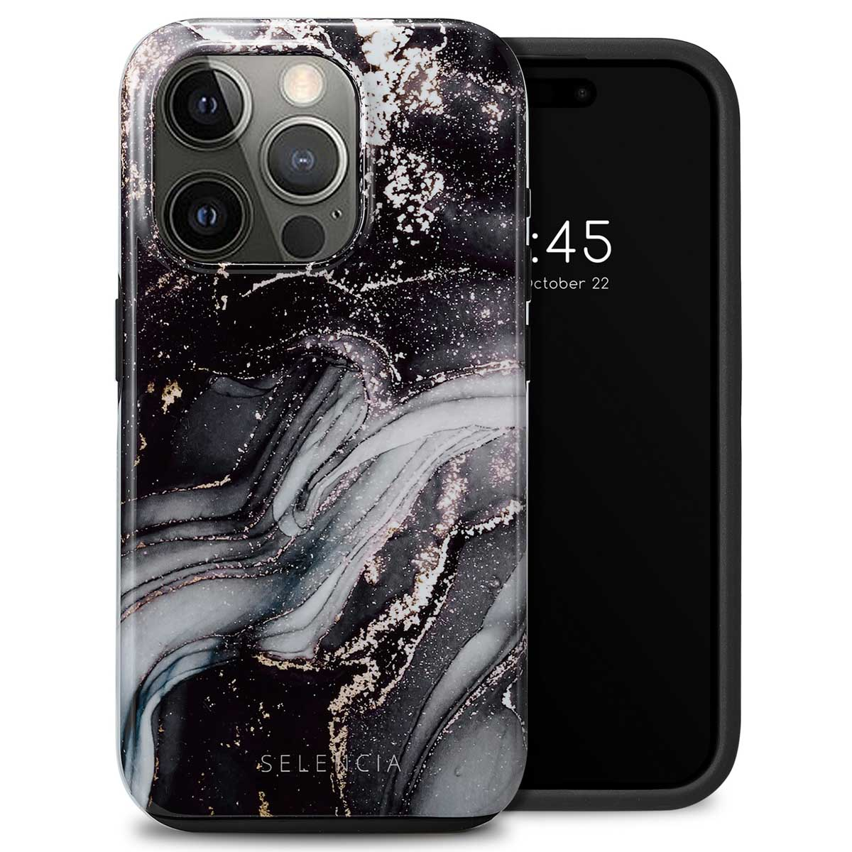 Telefoonhoesje met een zwart marmer design. De telefoon met een zwart scherm zit in de hoes.