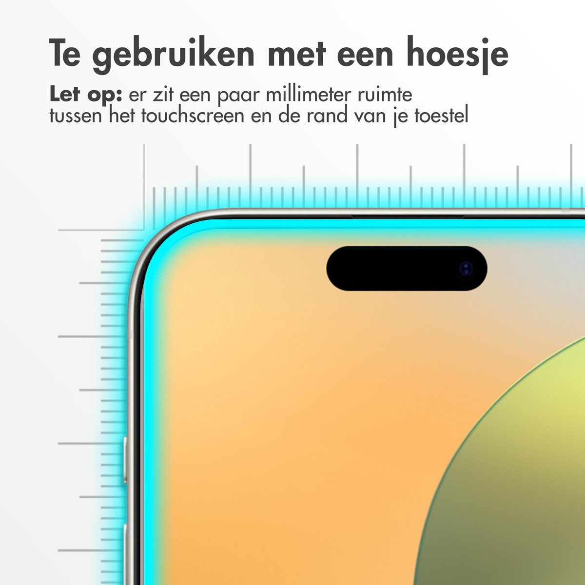 Gros plan sur un écran de téléphone avec un film protecteur. Il y a du texte en haut et des règles à gauche.
