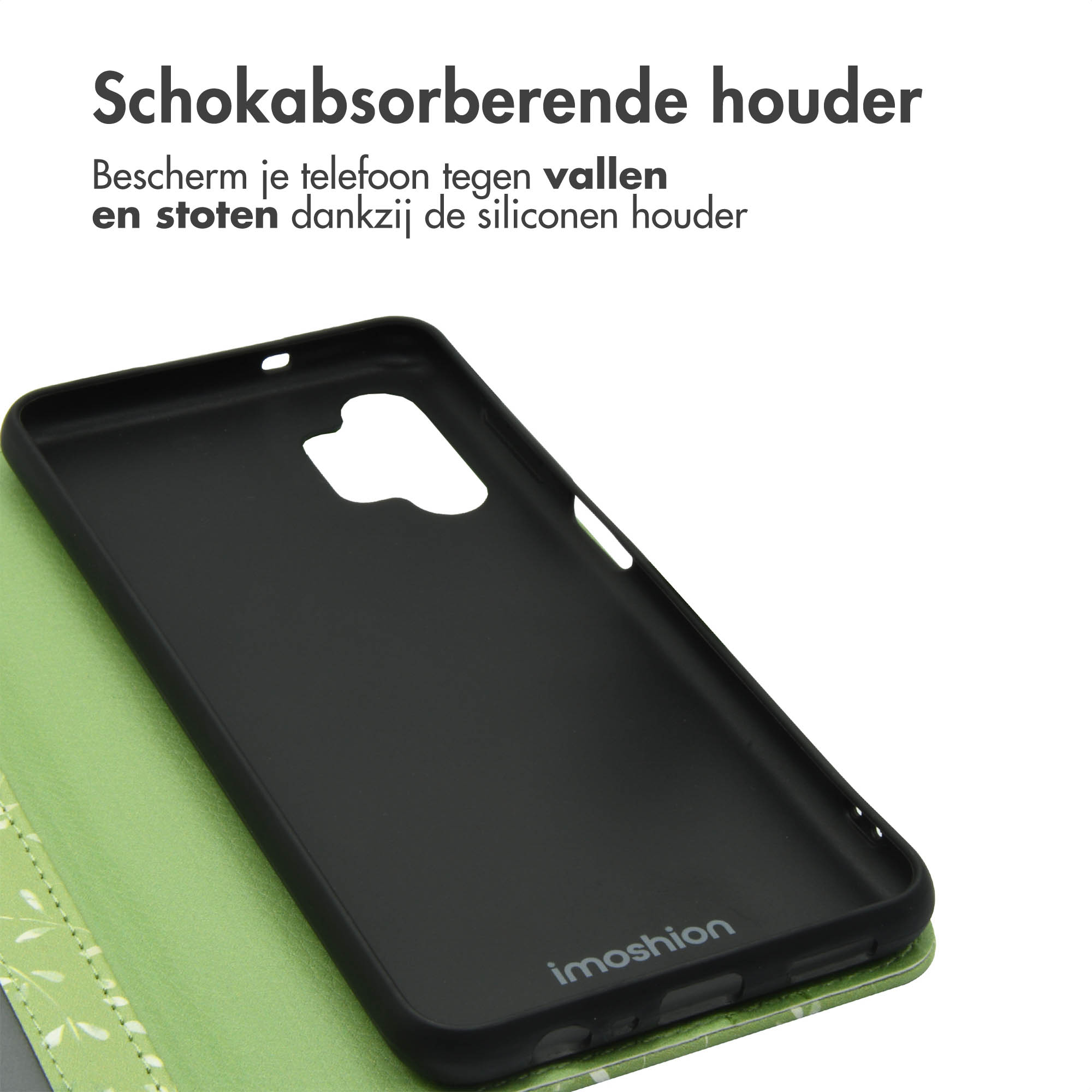 Intérieur de coque de téléphone noir, texte sur support absorbant les chocs, sur coque verte à motifs.