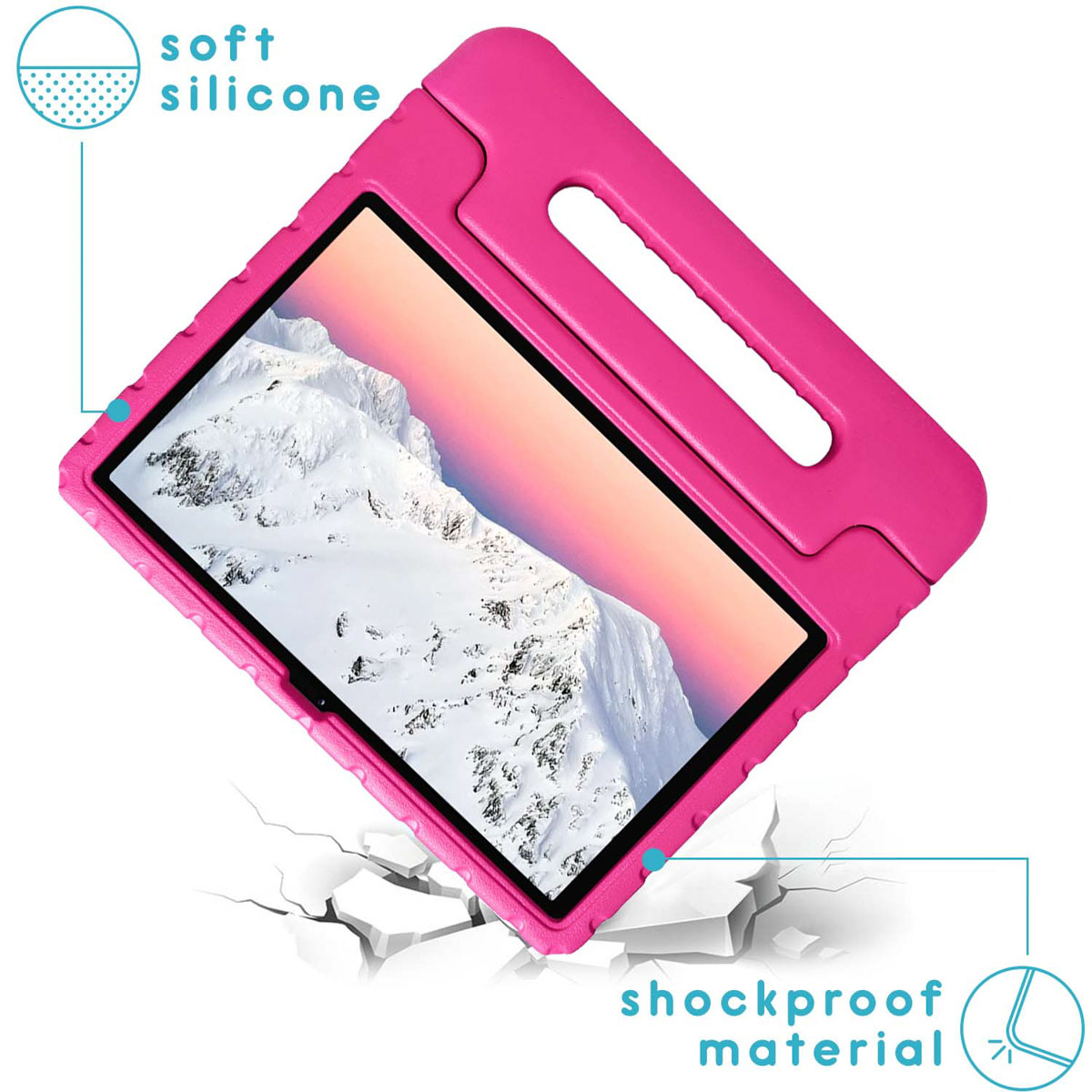 Roze tablethoes op een witte achtergrond, met een handvat en schokbestendig materiaal.