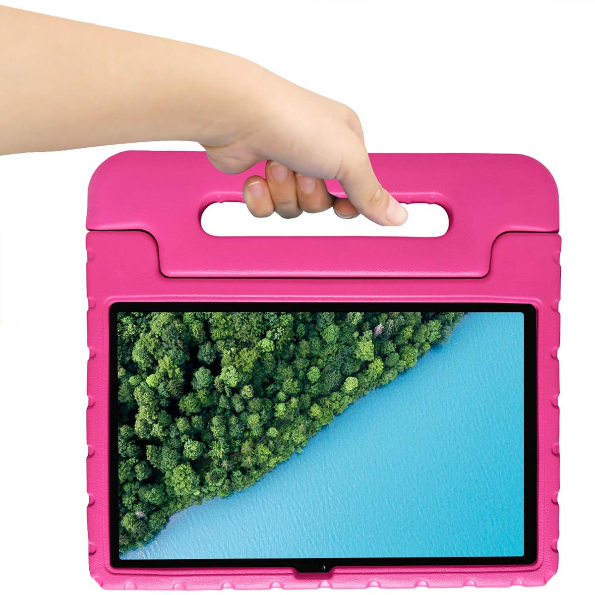 Roze tablethoes met een tablet erin. Een hand houdt de hoes vast.