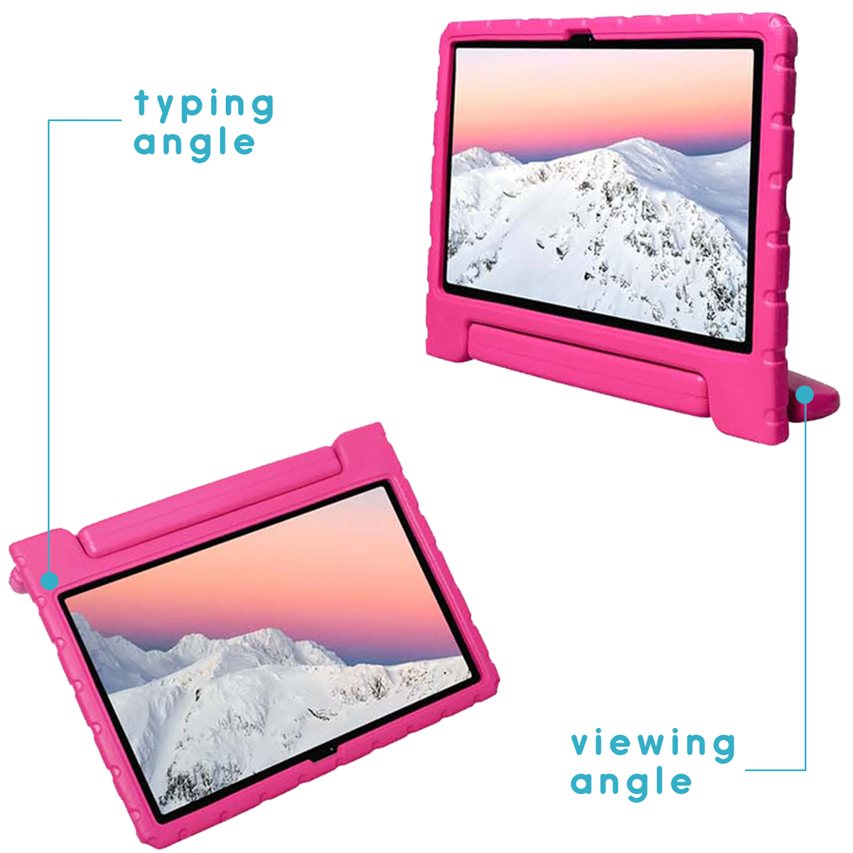 Roze tablethoes in twee posities: typ- en kijkhoeken.