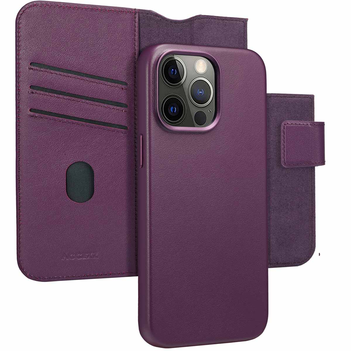 Custodia per telefono viola con scomparti per carte e un telefono. Lo sfondo è bianco.