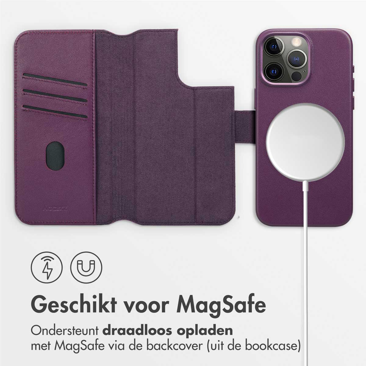 Custodia viola per telefono con cerchio di ricarica MagSafe e sezione portafoglio aperta.