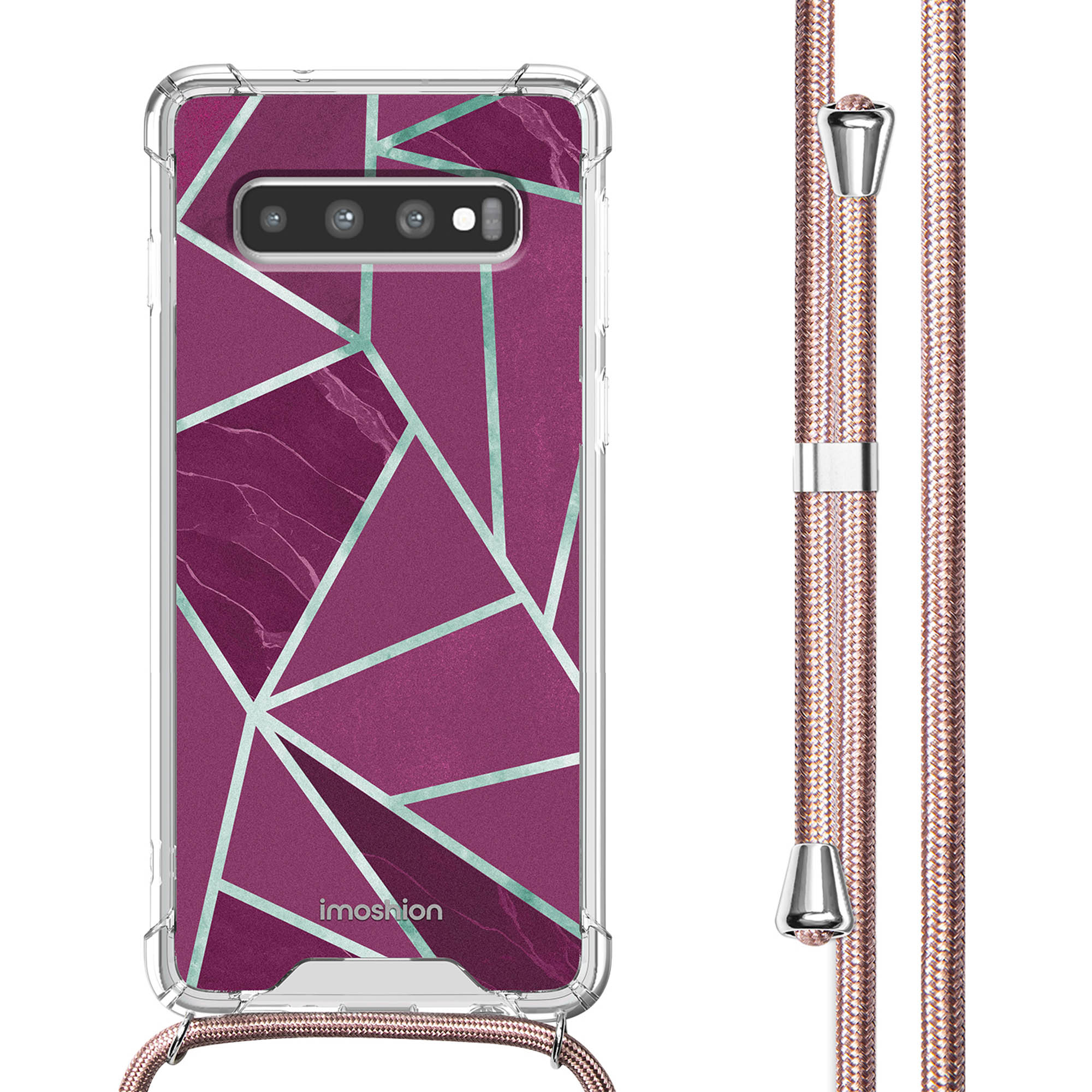 Coque de téléphone avec un motif marbre et un cordon. Le téléphone est dans la coque.
