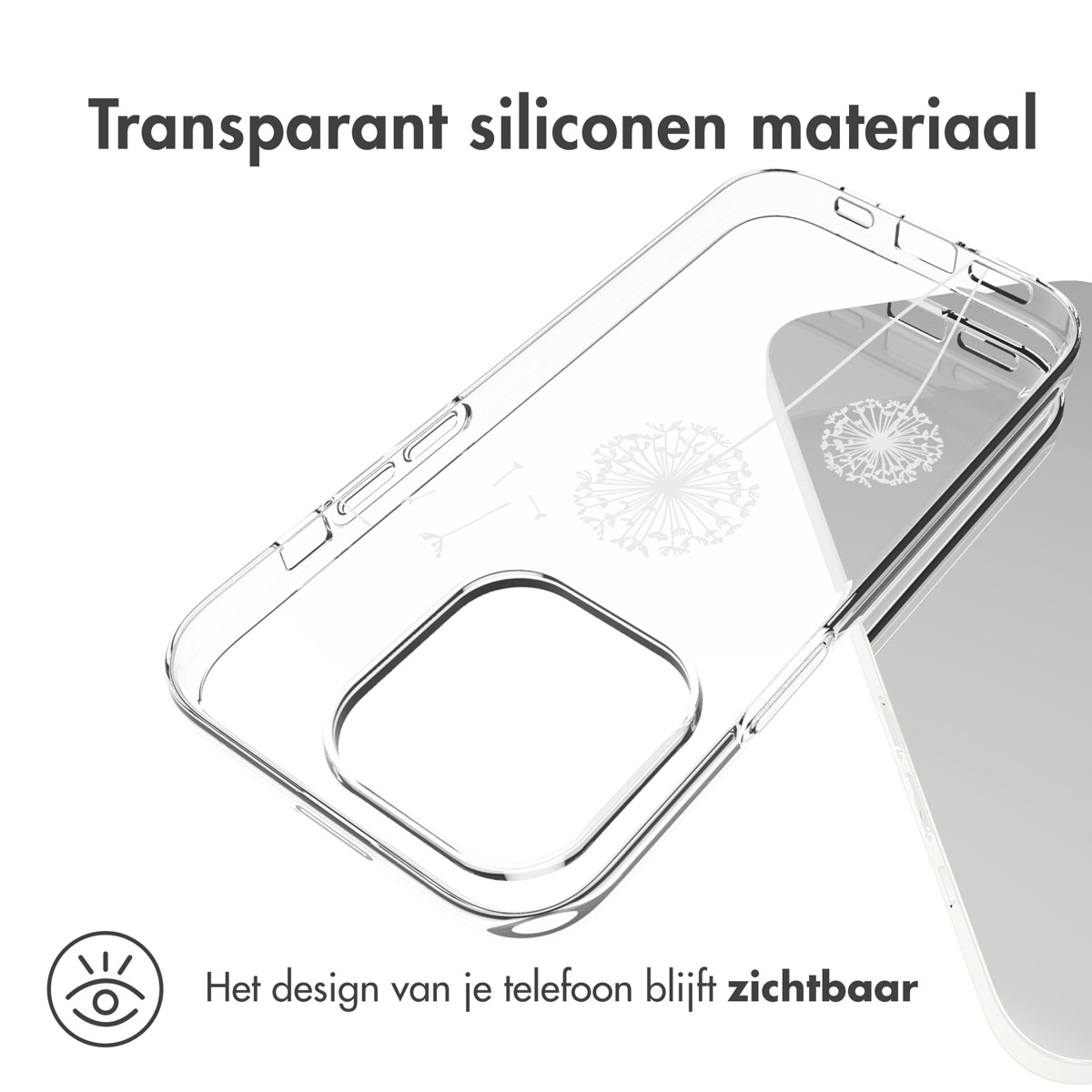Custodia trasparente per telefono con design a dente di leone.
